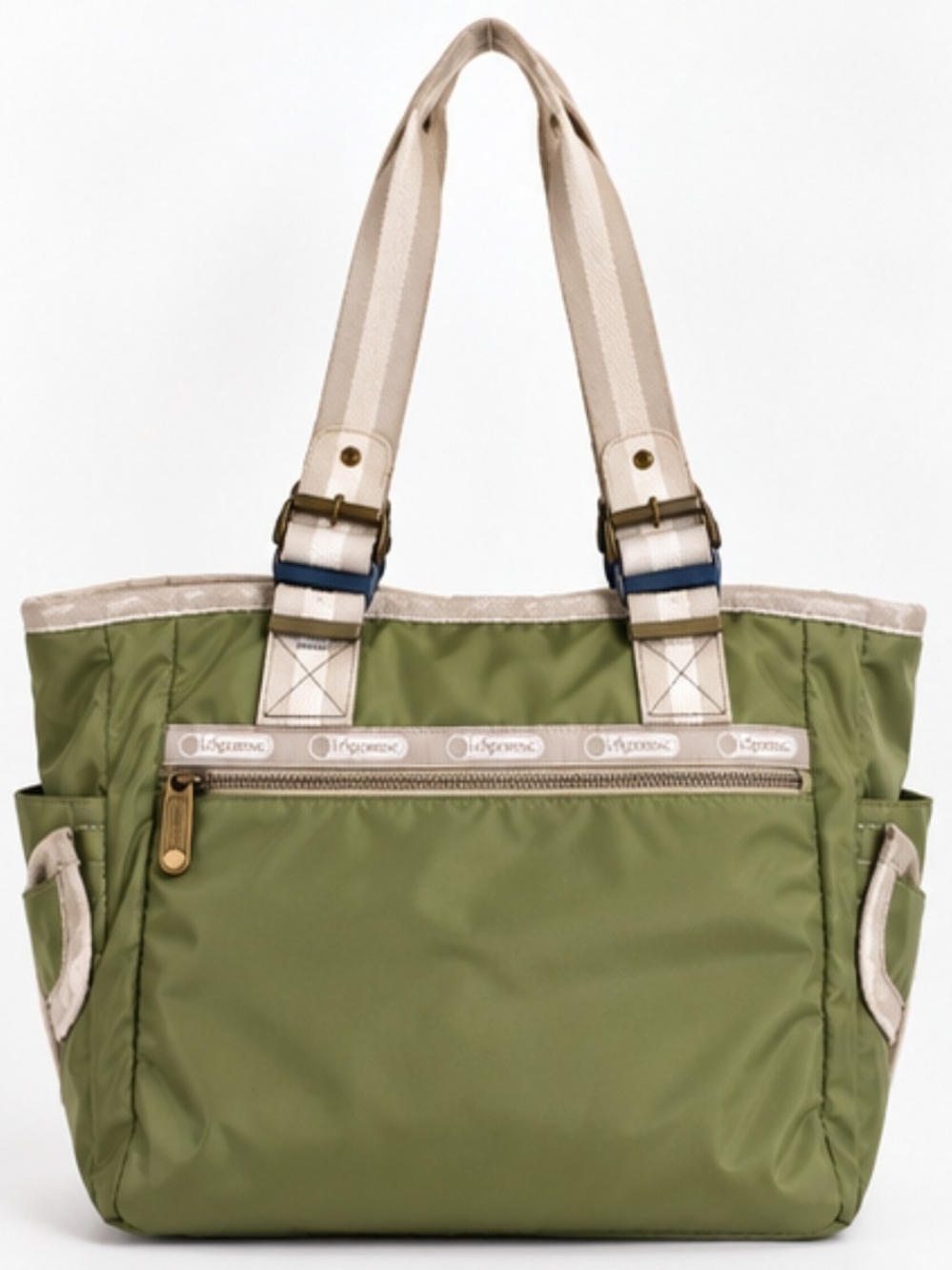 Lesportsac Olive Green Tote with Cream Handles and Navy Accents
